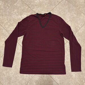 Hugo Boss V-Neck Long Sleeve Thin Sweater Men XL Red Black Stripe Cotton Blend